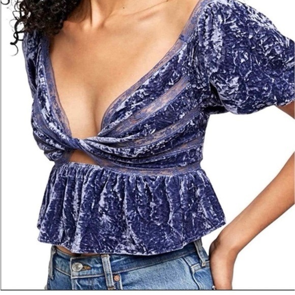 Free people velvet  Twist-Front Blue Top - Picture 1 of 12